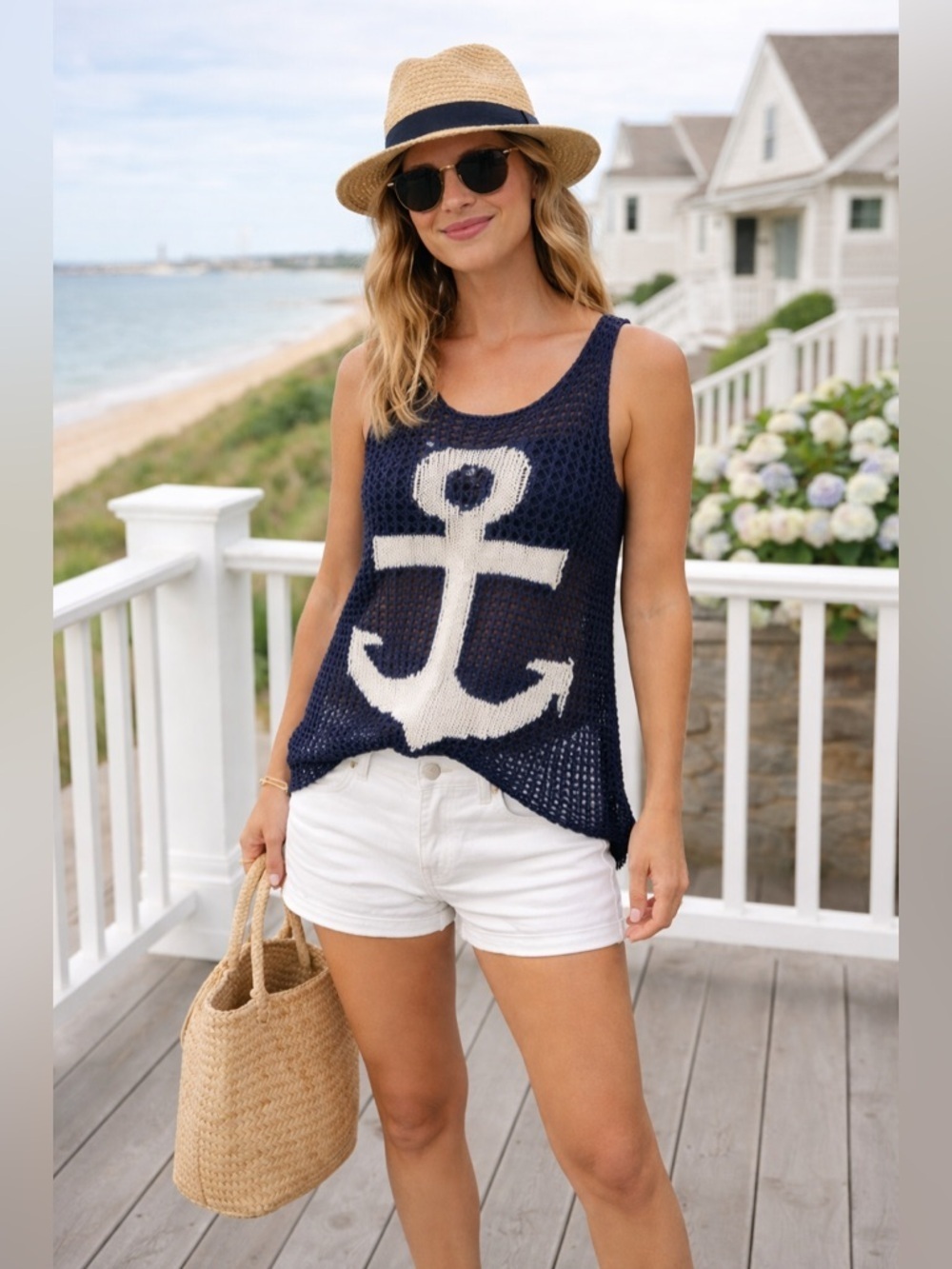 The Classic | Navy White Anchor Knit Top Coverup - Size S
